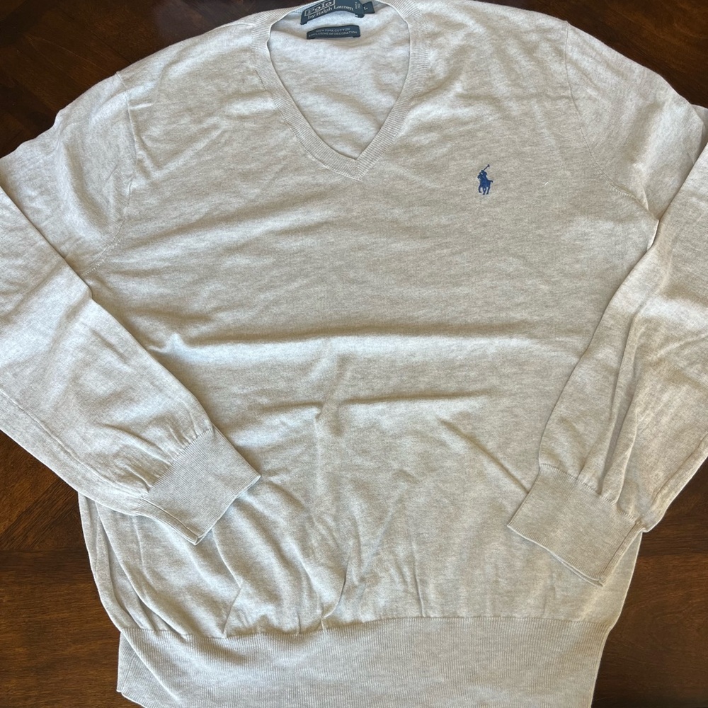 Polo Ralph Lauren Mens Sz large -tan heathered Pima Cotton V Neck Sweater